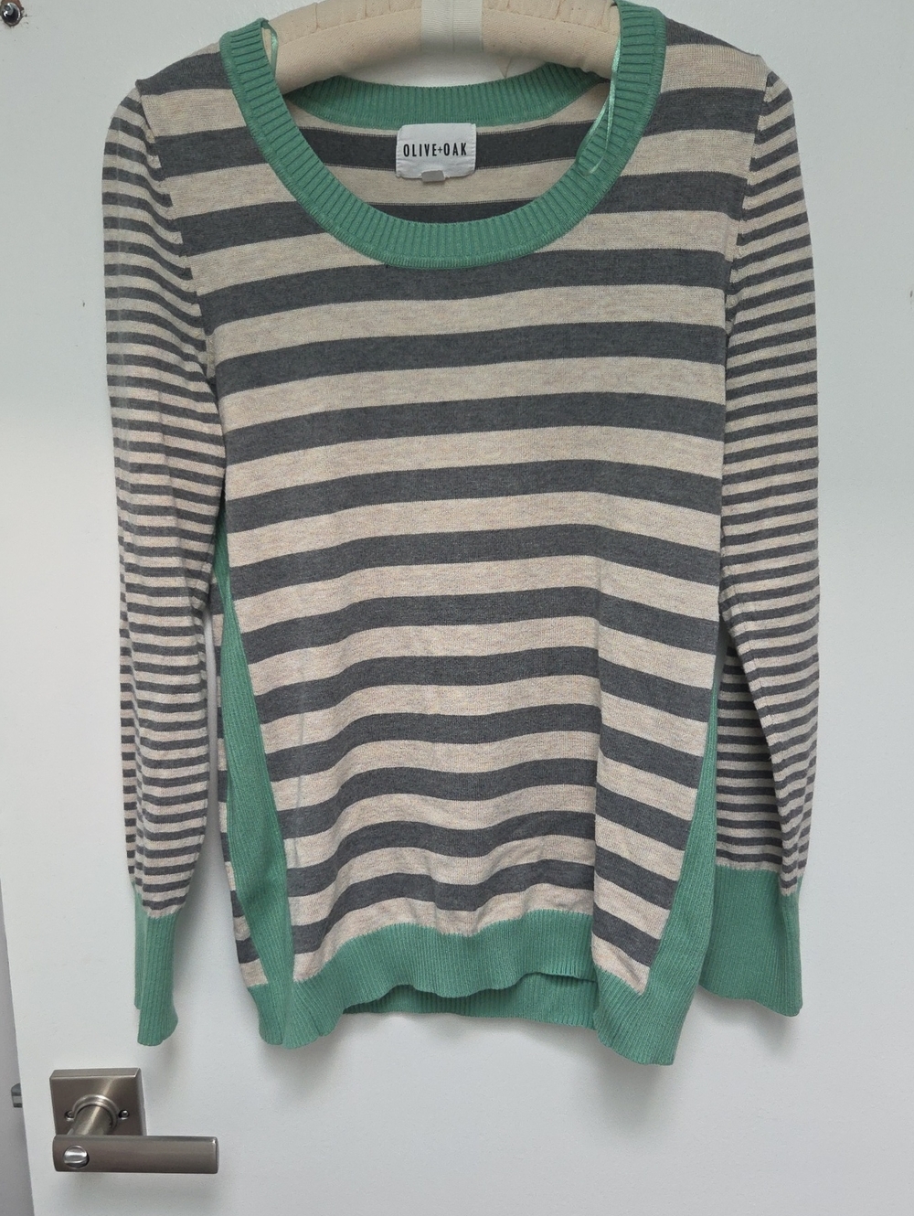 Olive & Oak Gray and Cream Striped Sweater with Mint Trim